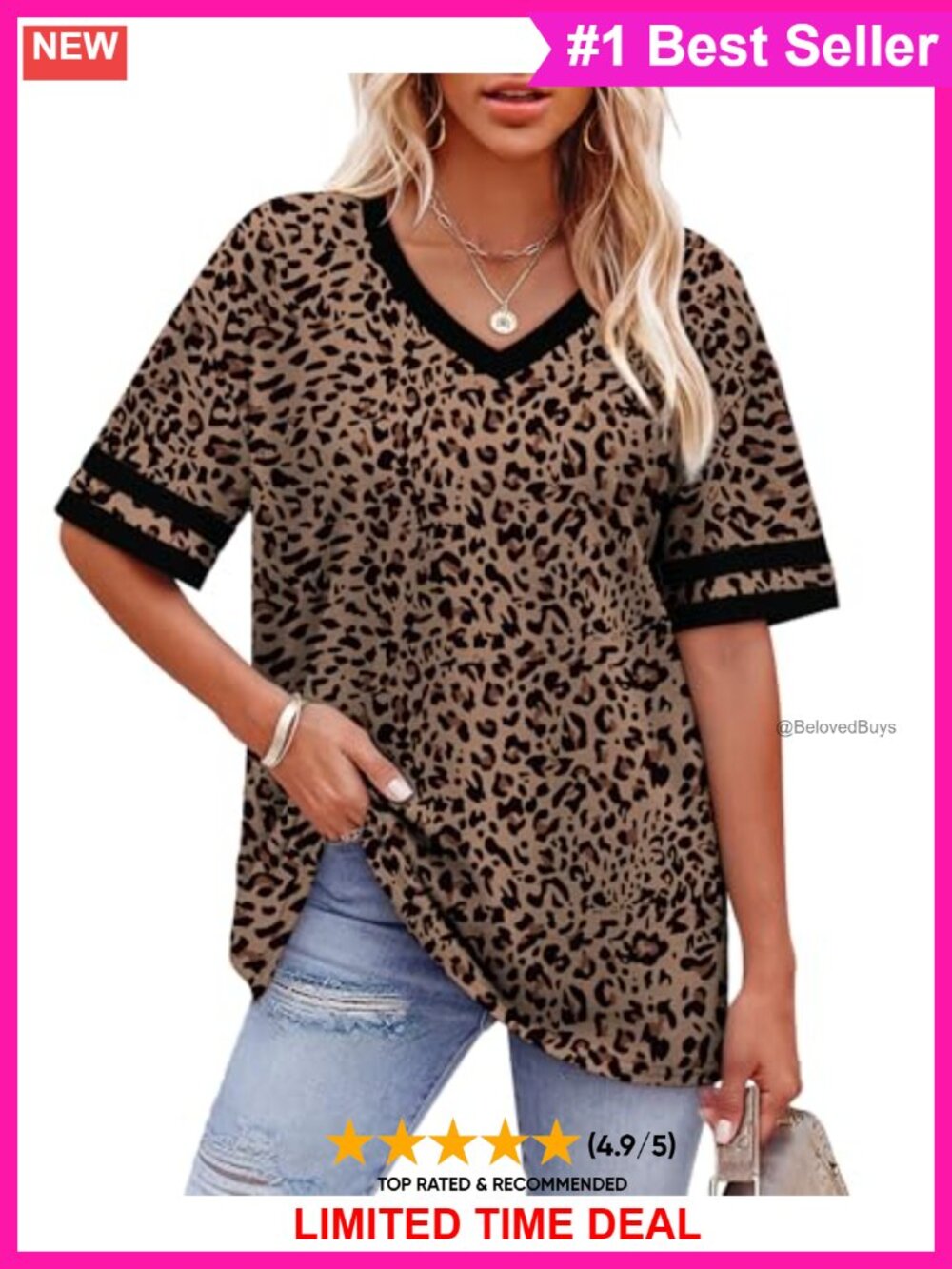Loose Fit V-Neck Short Sleeve T-Shirt Striped Cuff Casual Summer Top